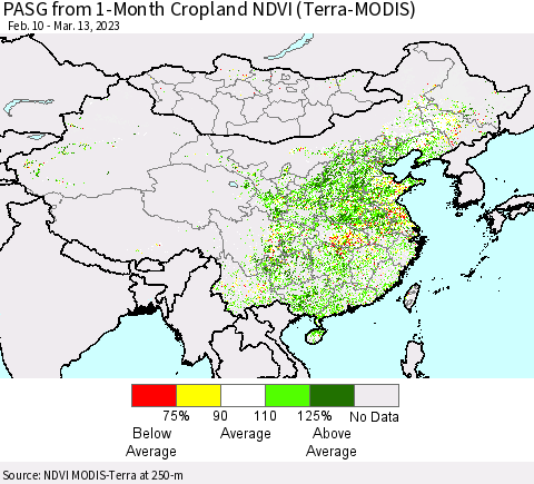 China, Mongolia and Taiwan PASG from 1-Month Cropland NDVI (Terra-MODIS) Thematic Map For 3/6/2023 - 3/13/2023