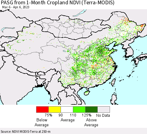 China, Mongolia and Taiwan PASG from 1-Month Cropland NDVI (Terra-MODIS) Thematic Map For 3/30/2023 - 4/6/2023