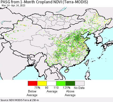 China, Mongolia and Taiwan PASG from 1-Month Cropland NDVI (Terra-MODIS) Thematic Map For 4/7/2023 - 4/14/2023