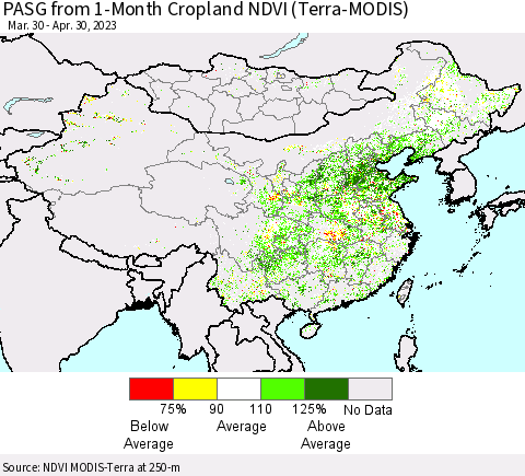 China, Mongolia and Taiwan PASG from 1-Month Cropland NDVI (Terra-MODIS) Thematic Map For 4/23/2023 - 4/30/2023