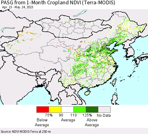 China, Mongolia and Taiwan PASG from 1-Month Cropland NDVI (Terra-MODIS) Thematic Map For 5/17/2023 - 5/24/2023