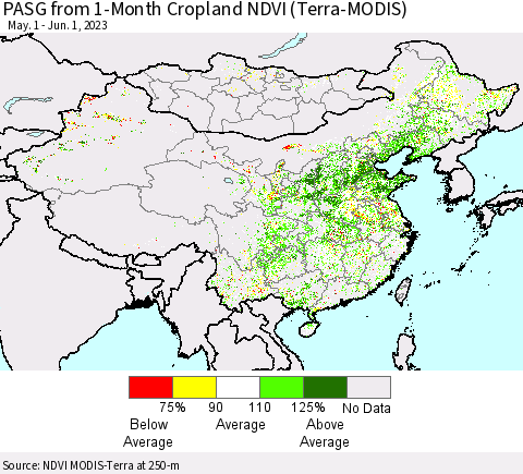 China, Mongolia and Taiwan PASG from 1-Month Cropland NDVI (Terra-MODIS) Thematic Map For 5/25/2023 - 6/1/2023