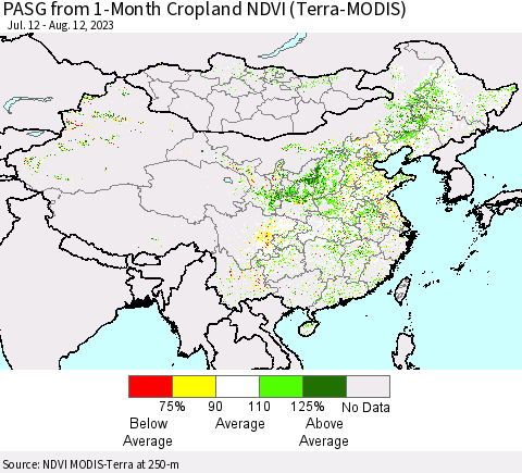 China, Mongolia and Taiwan PASG from 1-Month Cropland NDVI (Terra-MODIS) Thematic Map For 8/5/2023 - 8/12/2023