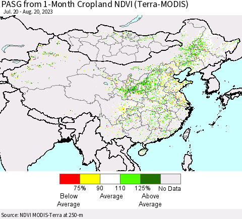 China, Mongolia and Taiwan PASG from 1-Month Cropland NDVI (Terra-MODIS) Thematic Map For 8/13/2023 - 8/20/2023