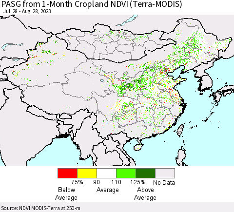 China, Mongolia and Taiwan PASG from 1-Month Cropland NDVI (Terra-MODIS) Thematic Map For 8/21/2023 - 8/28/2023