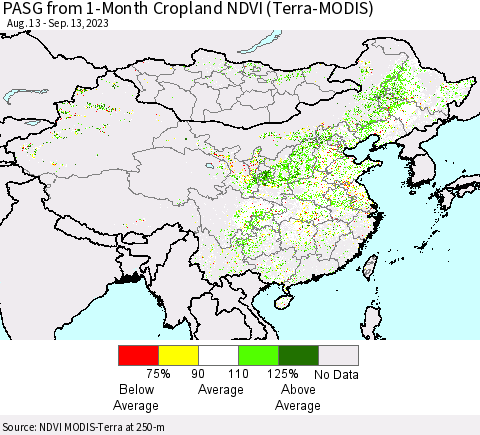 China, Mongolia and Taiwan PASG from 1-Month Cropland NDVI (Terra-MODIS) Thematic Map For 9/6/2023 - 9/13/2023
