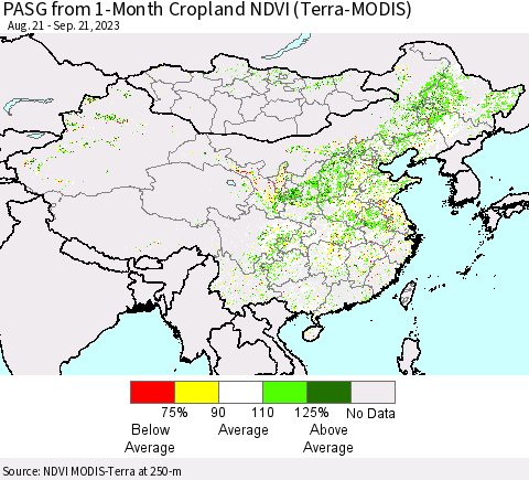 China, Mongolia and Taiwan PASG from 1-Month Cropland NDVI (Terra-MODIS) Thematic Map For 9/14/2023 - 9/21/2023