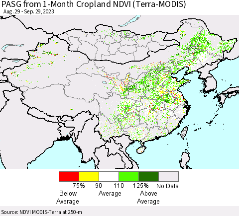 China, Mongolia and Taiwan PASG from 1-Month Cropland NDVI (Terra-MODIS) Thematic Map For 9/22/2023 - 9/29/2023
