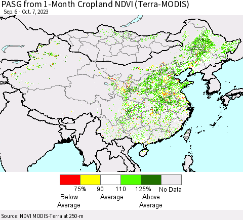 China, Mongolia and Taiwan PASG from 1-Month Cropland NDVI (Terra-MODIS) Thematic Map For 9/30/2023 - 10/7/2023