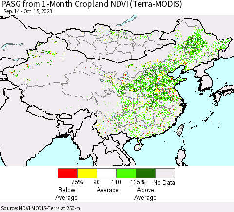 China, Mongolia and Taiwan PASG from 1-Month Cropland NDVI (Terra-MODIS) Thematic Map For 10/8/2023 - 10/15/2023