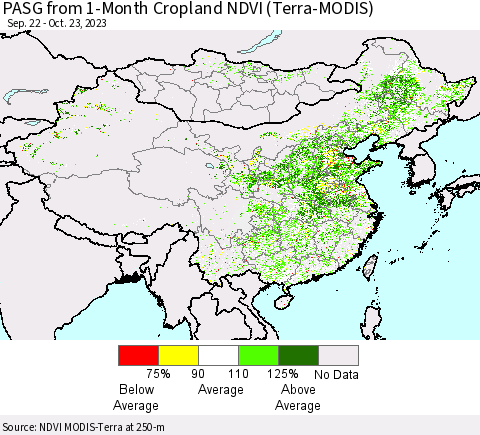China, Mongolia and Taiwan PASG from 1-Month Cropland NDVI (Terra-MODIS) Thematic Map For 10/16/2023 - 10/23/2023