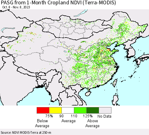 China, Mongolia and Taiwan PASG from 1-Month Cropland NDVI (Terra-MODIS) Thematic Map For 11/1/2023 - 11/8/2023