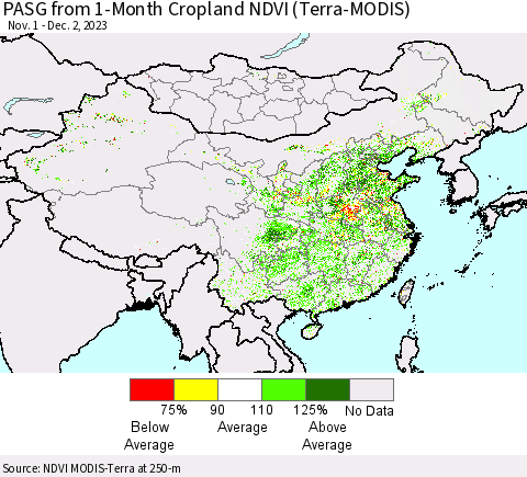 China, Mongolia and Taiwan PASG from 1-Month Cropland NDVI (Terra-MODIS) Thematic Map For 11/25/2023 - 12/2/2023