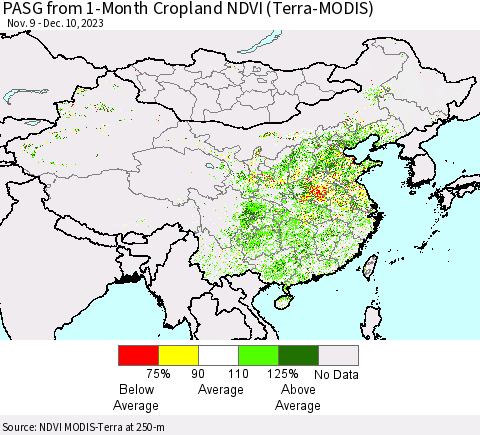 China, Mongolia and Taiwan PASG from 1-Month Cropland NDVI (Terra-MODIS) Thematic Map For 12/3/2023 - 12/10/2023
