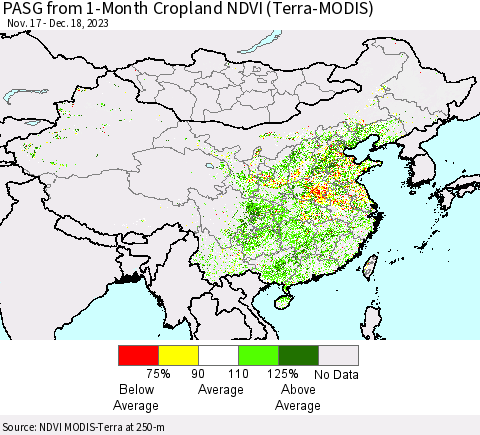China, Mongolia and Taiwan PASG from 1-Month Cropland NDVI (Terra-MODIS) Thematic Map For 12/11/2023 - 12/18/2023