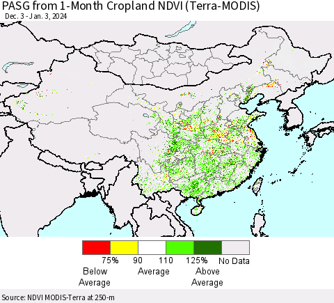 China, Mongolia and Taiwan PASG from 1-Month Cropland NDVI (Terra-MODIS) Thematic Map For 12/27/2023 - 1/3/2024
