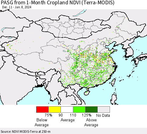 China, Mongolia and Taiwan PASG from 1-Month Cropland NDVI (Terra-MODIS) Thematic Map For 1/1/2024 - 1/8/2024