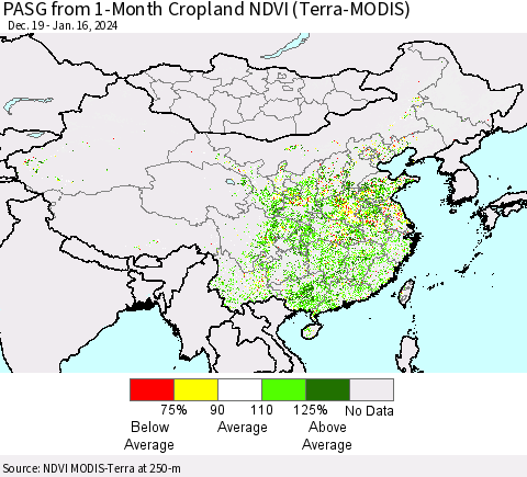 China, Mongolia and Taiwan PASG from 1-Month Cropland NDVI (Terra-MODIS) Thematic Map For 1/9/2024 - 1/16/2024