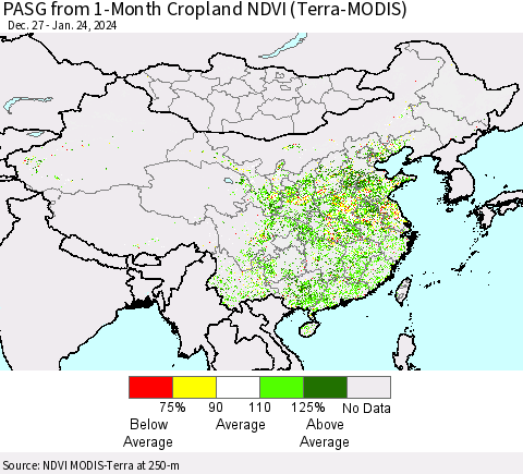 China, Mongolia and Taiwan PASG from 1-Month Cropland NDVI (Terra-MODIS) Thematic Map For 1/17/2024 - 1/24/2024