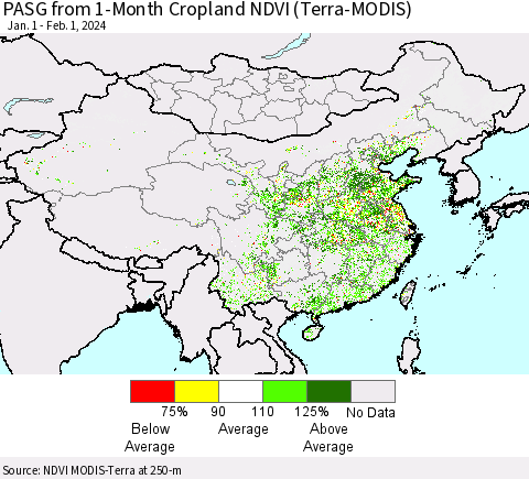 China, Mongolia and Taiwan PASG from 1-Month Cropland NDVI (Terra-MODIS) Thematic Map For 1/25/2024 - 2/1/2024