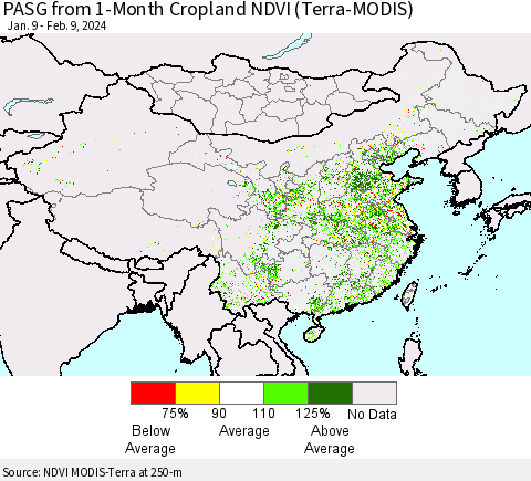 China, Mongolia and Taiwan PASG from 1-Month Cropland NDVI (Terra-MODIS) Thematic Map For 2/2/2024 - 2/9/2024