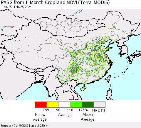 China, Mongolia and Taiwan PASG from 1-Month Cropland NDVI (Terra-MODIS) Thematic Map For 2/18/2024 - 2/25/2024