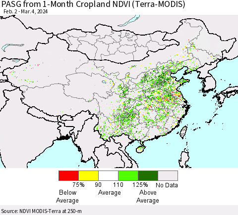 China, Mongolia and Taiwan PASG from 1-Month Cropland NDVI (Terra-MODIS) Thematic Map For 2/26/2024 - 3/4/2024