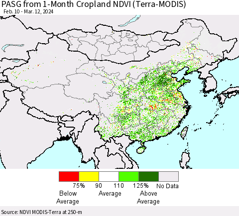 China, Mongolia and Taiwan PASG from 1-Month Cropland NDVI (Terra-MODIS) Thematic Map For 3/5/2024 - 3/12/2024