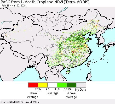 China, Mongolia and Taiwan PASG from 1-Month Cropland NDVI (Terra-MODIS) Thematic Map For 3/13/2024 - 3/20/2024