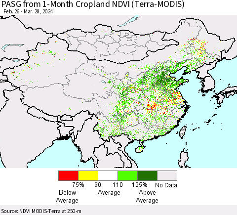 China, Mongolia and Taiwan PASG from 1-Month Cropland NDVI (Terra-MODIS) Thematic Map For 3/21/2024 - 3/28/2024