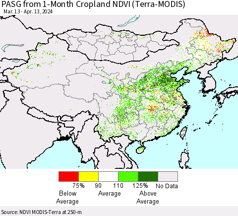China, Mongolia and Taiwan PASG from 1-Month Cropland NDVI (Terra-MODIS) Thematic Map For 4/6/2024 - 4/13/2024