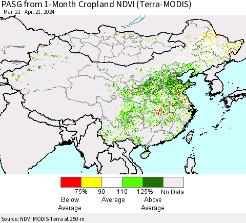 China, Mongolia and Taiwan PASG from 1-Month Cropland NDVI (Terra-MODIS) Thematic Map For 4/14/2024 - 4/21/2024