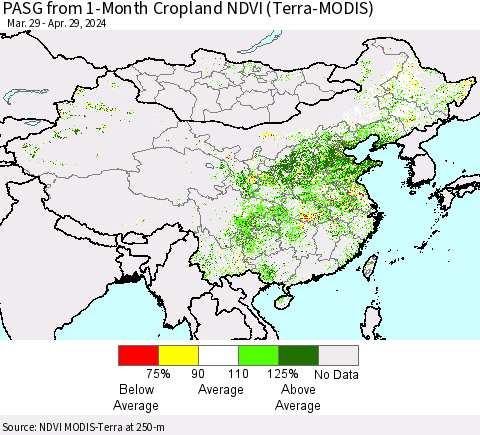 China, Mongolia and Taiwan PASG from 1-Month Cropland NDVI (Terra-MODIS) Thematic Map For 4/22/2024 - 4/29/2024