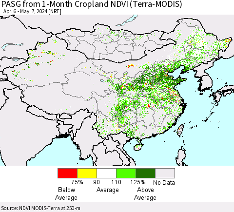 China, Mongolia and Taiwan PASG from 1-Month Cropland NDVI (Terra-MODIS) Thematic Map For 4/30/2024 - 5/7/2024