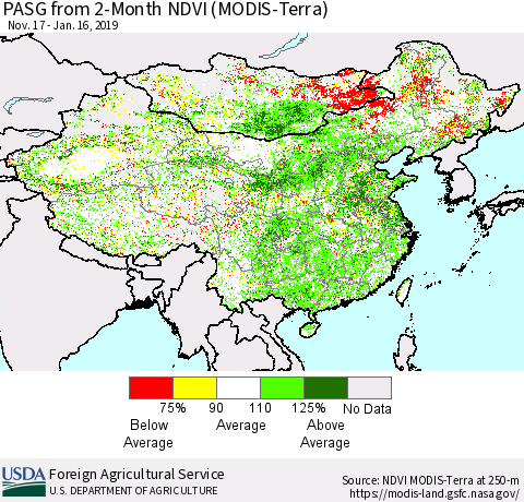 China and Taiwan PASG from 2-Month NDVI (Terra-MODIS) Thematic Map For 1/11/2019 - 1/20/2019