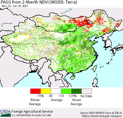 China and Taiwan PASG from 2-Month NDVI (Terra-MODIS) Thematic Map For 1/21/2019 - 1/31/2019