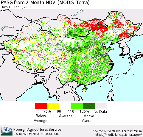 China, Mongolia and Taiwan PASG from 2-Month NDVI (Terra-MODIS) Thematic Map For 2/1/2019 - 2/10/2019