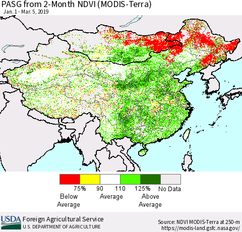 China and Taiwan PASG from 2-Month NDVI (Terra-MODIS) Thematic Map For 3/1/2019 - 3/10/2019