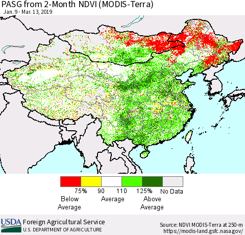 China and Taiwan PASG from 2-Month NDVI (Terra-MODIS) Thematic Map For 3/11/2019 - 3/20/2019