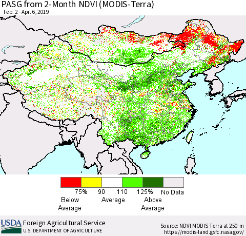 China and Taiwan PASG from 2-Month NDVI (Terra-MODIS) Thematic Map For 4/1/2019 - 4/10/2019