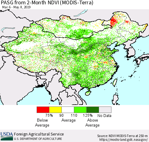 China and Taiwan PASG from 2-Month NDVI (Terra-MODIS) Thematic Map For 5/1/2019 - 5/10/2019
