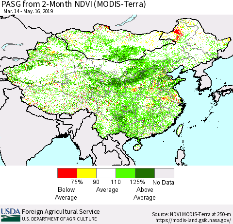 China and Taiwan PASG from 2-Month NDVI (Terra-MODIS) Thematic Map For 5/11/2019 - 5/20/2019