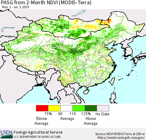 China and Taiwan PASG from 2-Month NDVI (Terra-MODIS) Thematic Map For 7/1/2019 - 7/10/2019