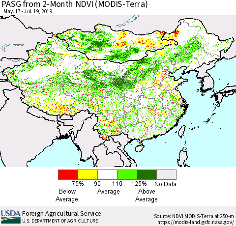China and Taiwan PASG from 2-Month NDVI (Terra-MODIS) Thematic Map For 7/11/2019 - 7/20/2019