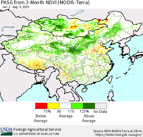 China and Taiwan PASG from 2-Month NDVI (Terra-MODIS) Thematic Map For 8/1/2019 - 8/10/2019