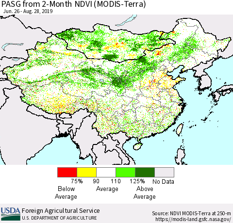 China and Taiwan PASG from 2-Month NDVI (Terra-MODIS) Thematic Map For 8/21/2019 - 8/31/2019
