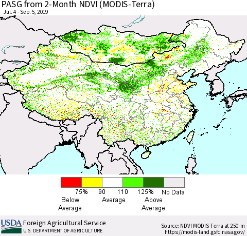 China and Taiwan PASG from 2-Month NDVI (Terra-MODIS) Thematic Map For 9/1/2019 - 9/10/2019