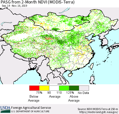China, Mongolia and Taiwan PASG from 2-Month NDVI (Terra-MODIS) Thematic Map For 11/11/2019 - 11/20/2019
