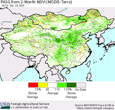 China, Mongolia and Taiwan PASG from 2-Month NDVI (Terra-MODIS) Thematic Map For 12/1/2019 - 12/10/2019