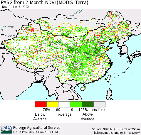 China, Mongolia and Taiwan PASG from 2-Month NDVI (Terra-MODIS) Thematic Map For 1/1/2020 - 1/10/2020